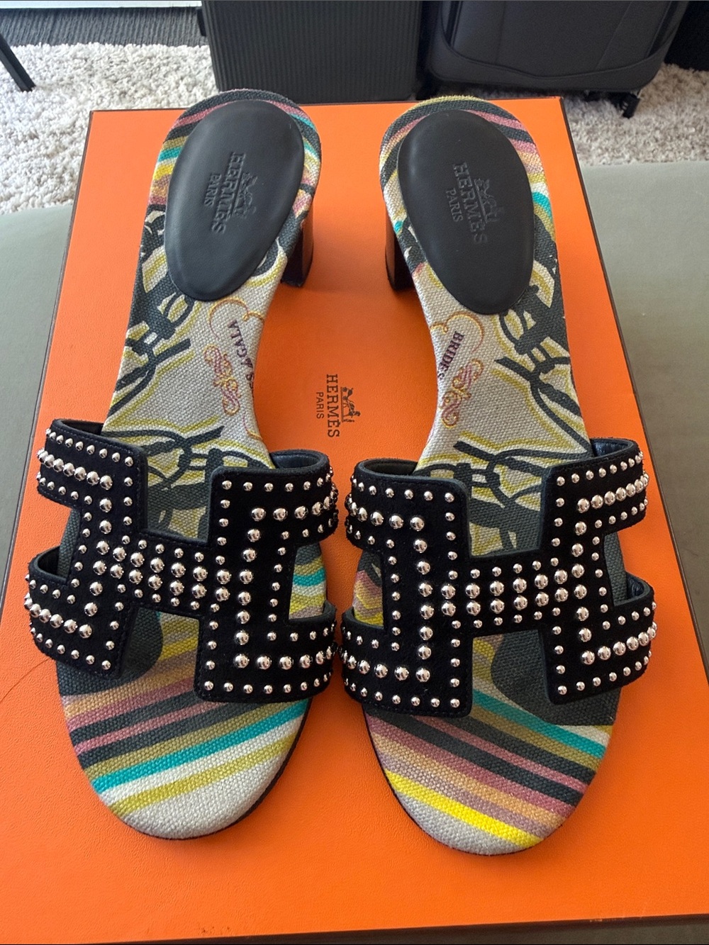 Hermes Black Studded Slide Sandals with Multicolor Footbed